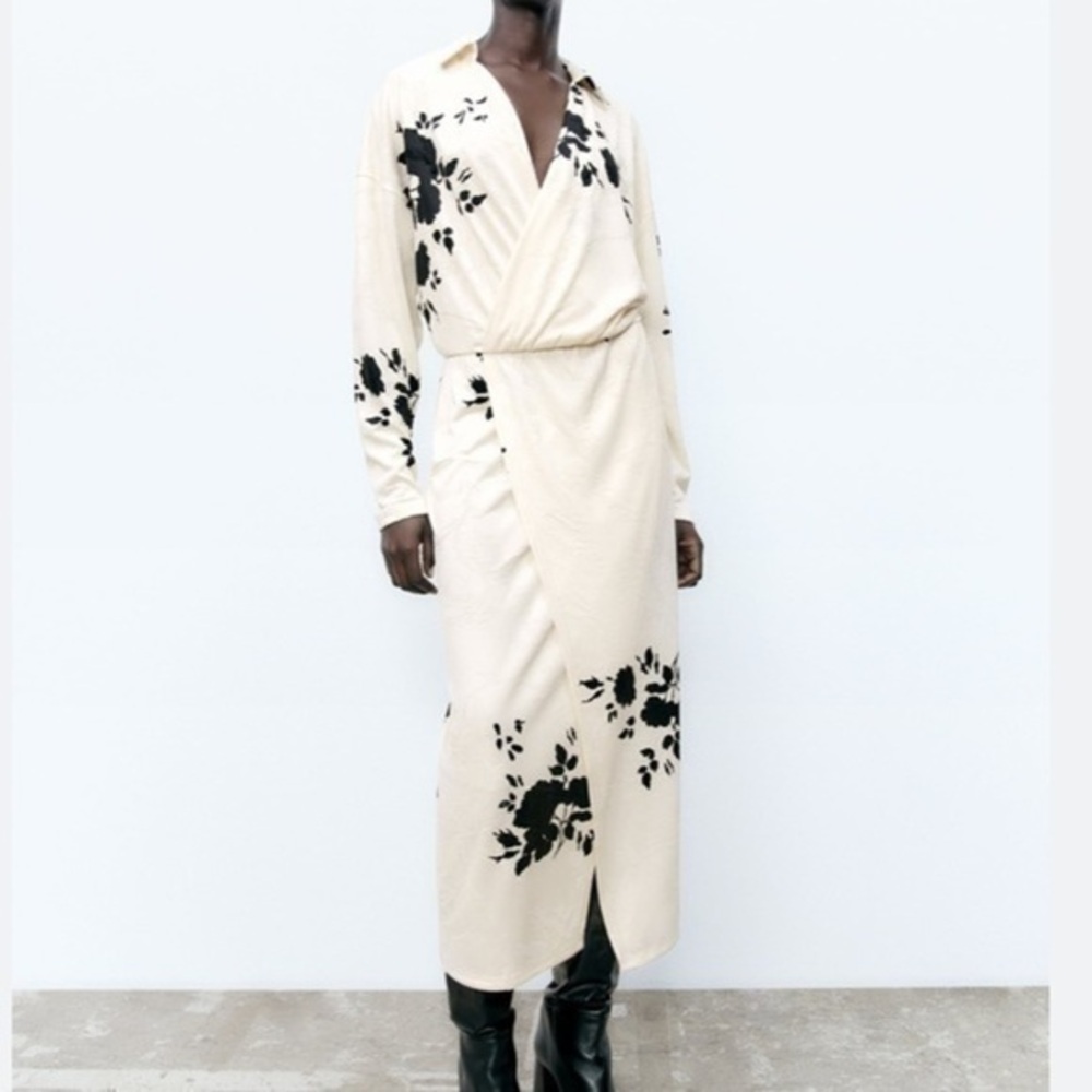 NWT Zara Cream Wrap Dress with Black Floral Print